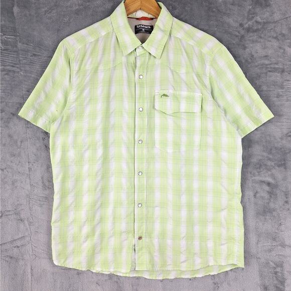 Simms‎ Shirt Medium Green Fishing Hiking Pearl Snap Vented Plaid Outdoor Casual - Picture 1 of 7
